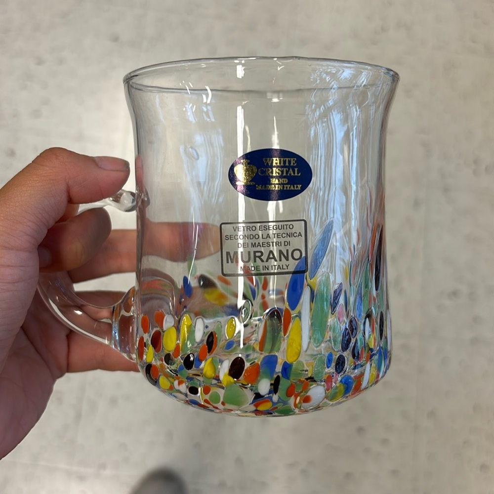 New Murano Venetian White Crystal Hand Blown Confetti Studio Art Glass Mugs